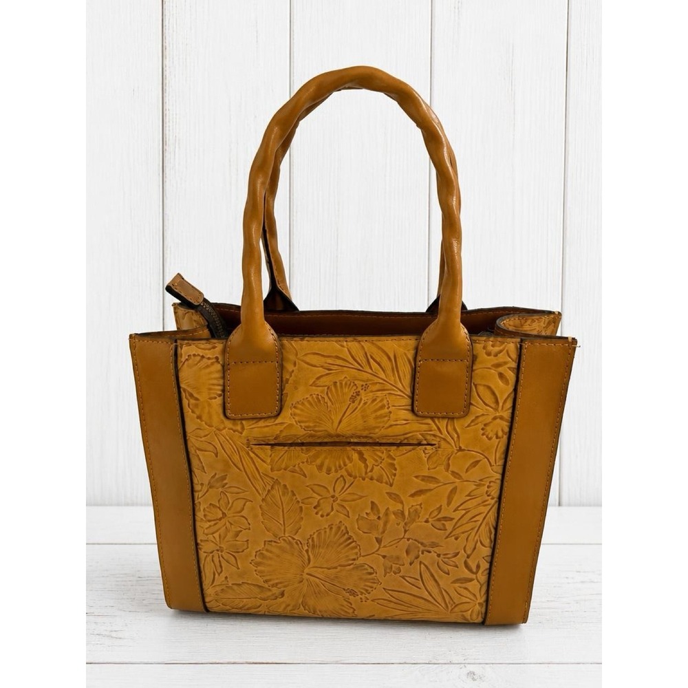 Patricia Nash Curry Tote Bag Natural Floral Tooled Tan Leather Whipstitch Purse